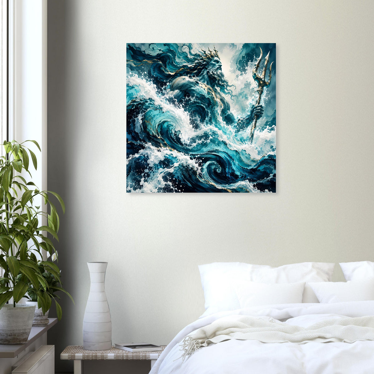 Quadratisches Wandposter mit dynamischen Meereswellen in Blau, weißer Gischt