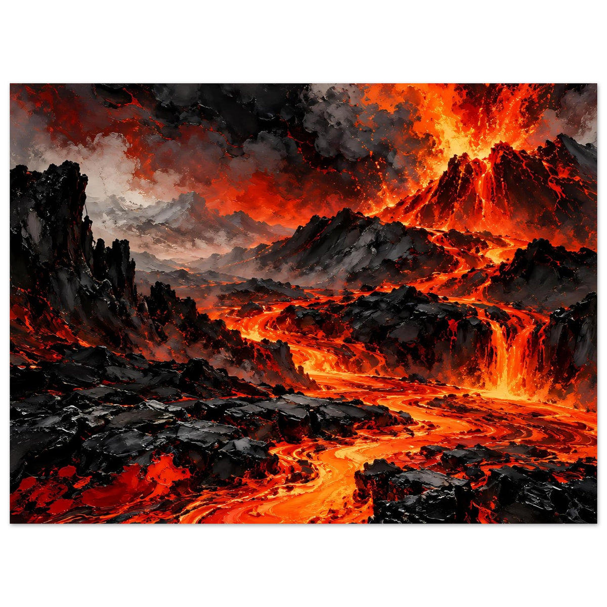 Horizontales Vulkan-Ausbruch Poster: Lava strömt durch Schluchten, Flammen und Rauch über Bergen