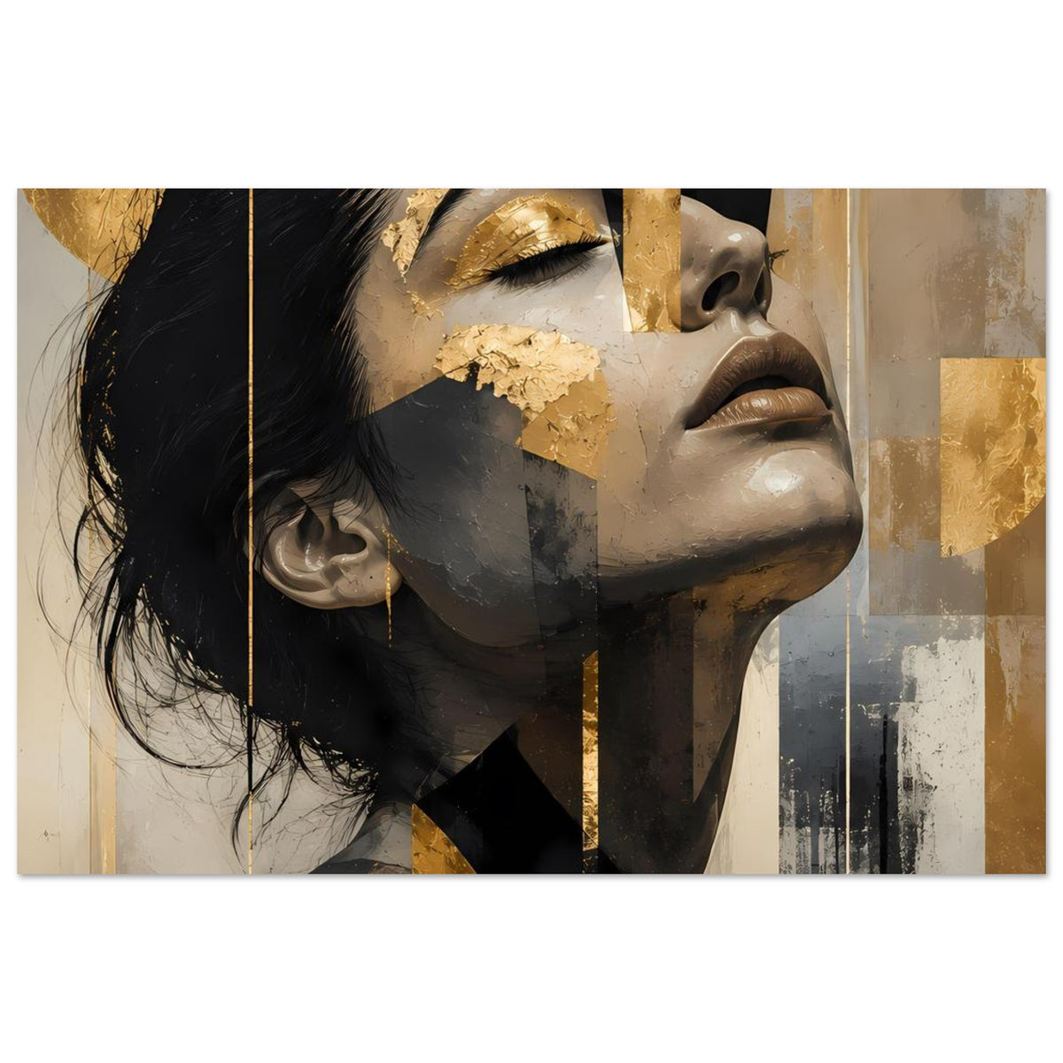 Abstraktes Frauenporträt-Poster: goldene Akzentflächen, graues Gesicht und schwarze Konturen
