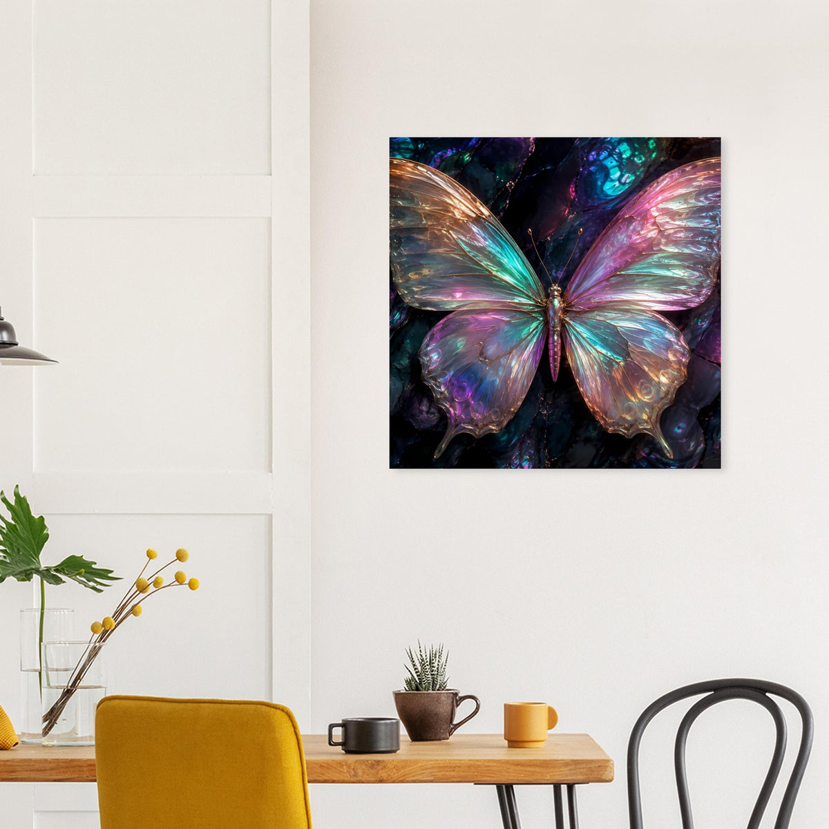 Schmetterling-Poster, große Flügel mit türkis-, pink- und goldenen Schimmerakzenten.