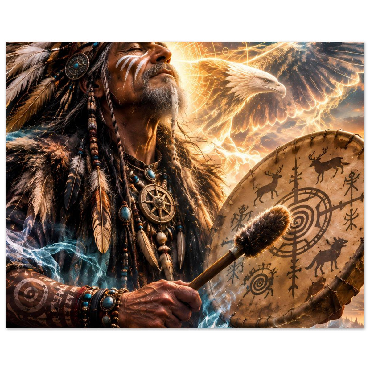 Fantasy-Poster: Schamane mit Trommel, goldenes Licht um Adler und Runen am Fell