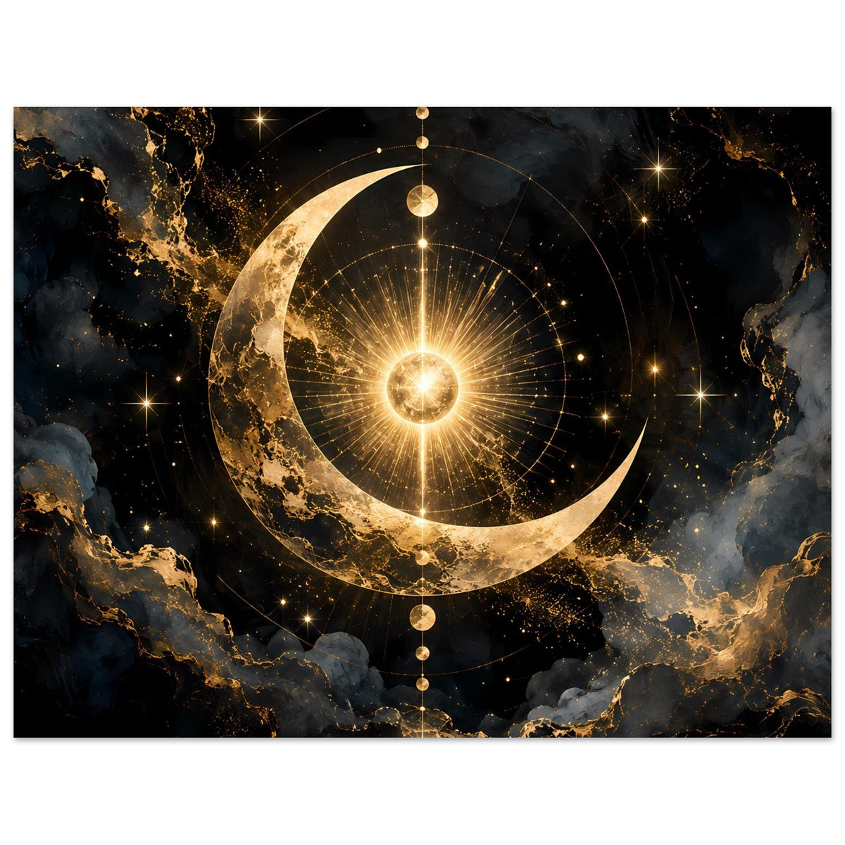 Horizontales Poster mit goldenem Mond, Sternen und Strahlenkreis als zentrales Motiv