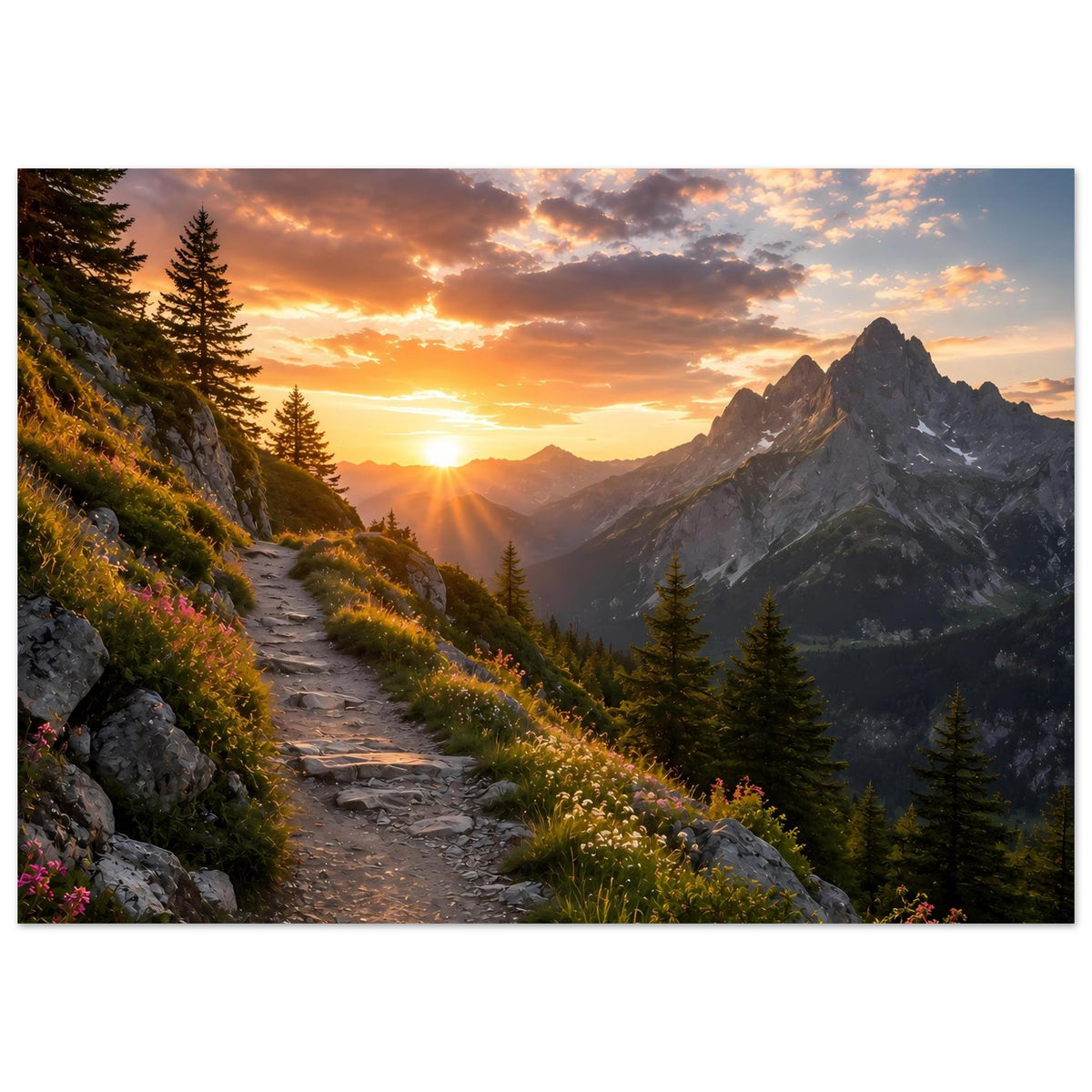 Vertikales Poster mit Sonnenuntergang, felsigem Wanderweg, Tannen und Bergkamm