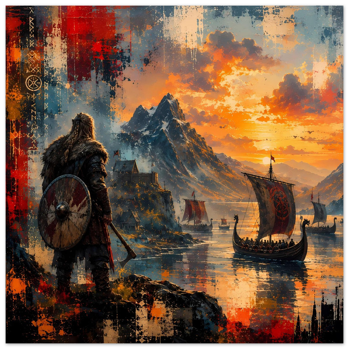 Nordisches Poster: Wikingerkrieger mit Rundschild links, Langschiff rechts, Sonnenuntergang