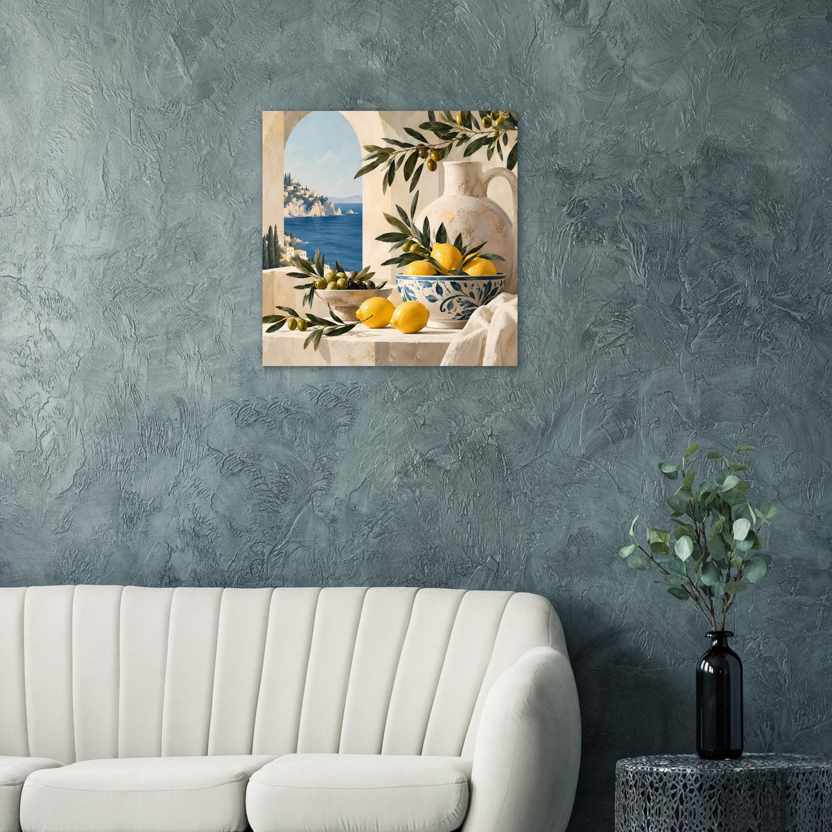 Kleines gerahmtes Wandposter mit Zitronen und Olivenzweigen; Stillleben mit blauer Vase