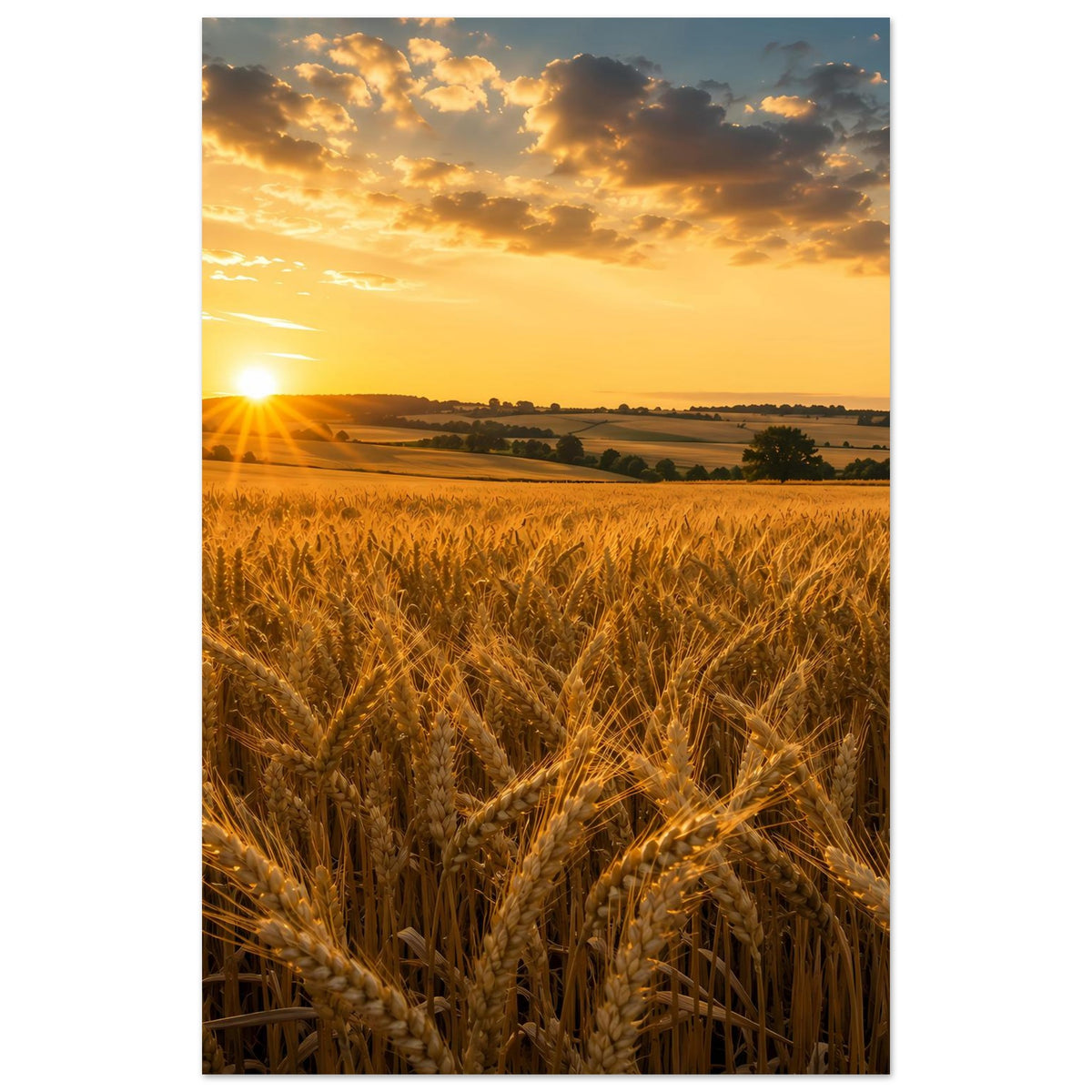 Landschaftsposter Hochformat mit Weizenähren, Sonnenstrahlen und Landschaft am Horizont