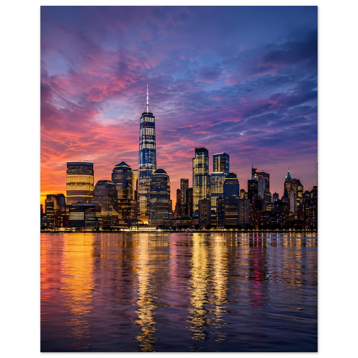 Poster mit New-York-Skyline bei Dämmerung, markanter Turm in der Bildmitte