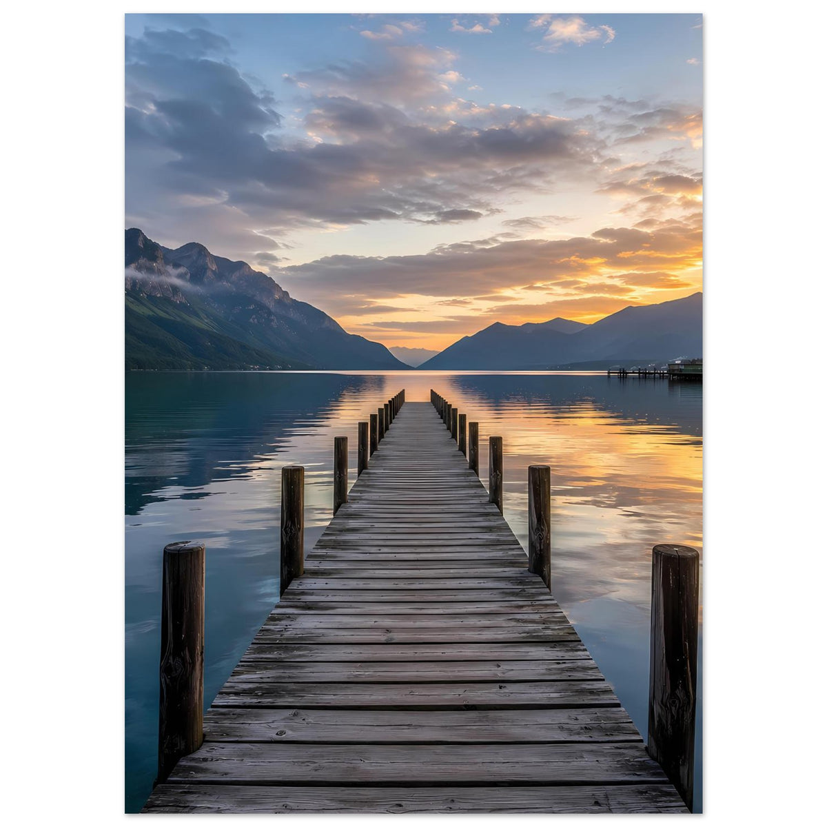 Poster im Hochformat: Steg am See bei Sonnenuntergang mit warmen Wolken und Bergen