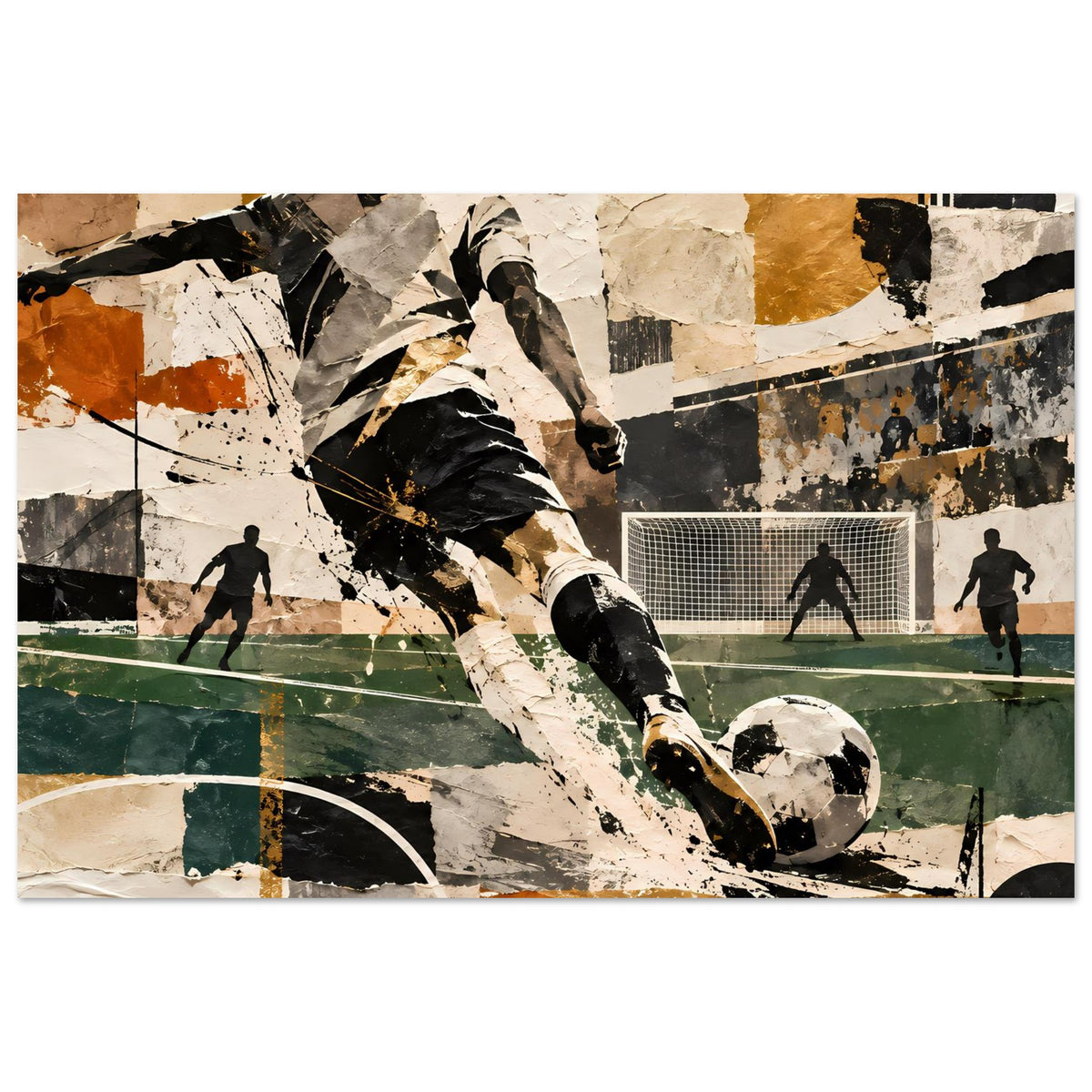 Fußball-Actionposter im Querformat mit dynamischer Spielersilhouette, Ball und Tor