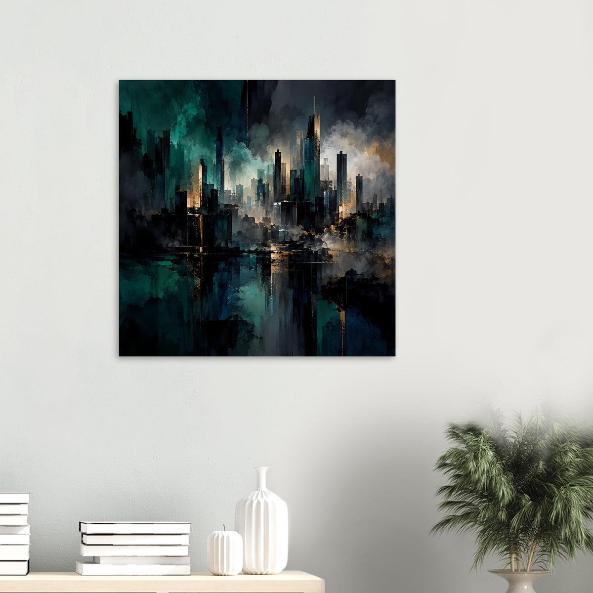 Quadratisches Poster mit abstrakter Skyline, Nebel und Spiegelung in Blaugrün & Gold