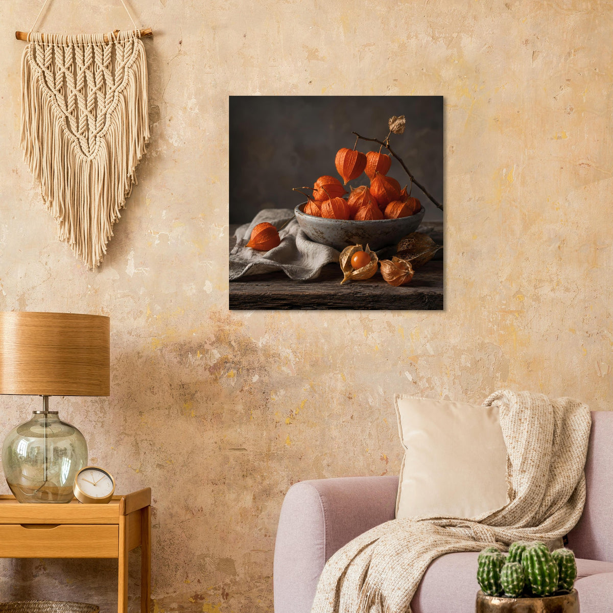 Herbstposter mit Kürbissen in Schale, orangefarbenen Früchten, Eicheln und Stoff