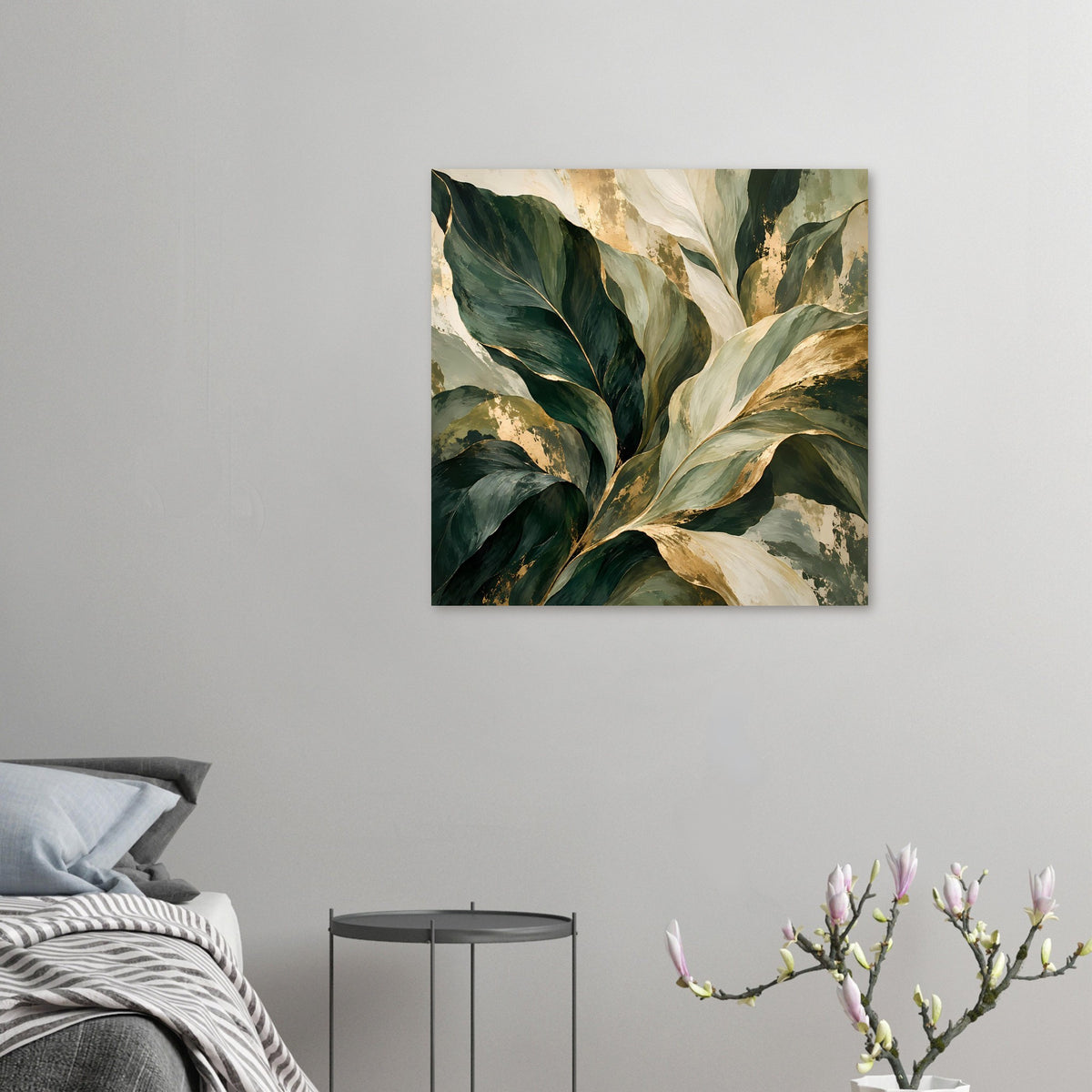 Botanik-Poster mit grünen Blättern, cremefarbenen Adern und goldenen Akzenten