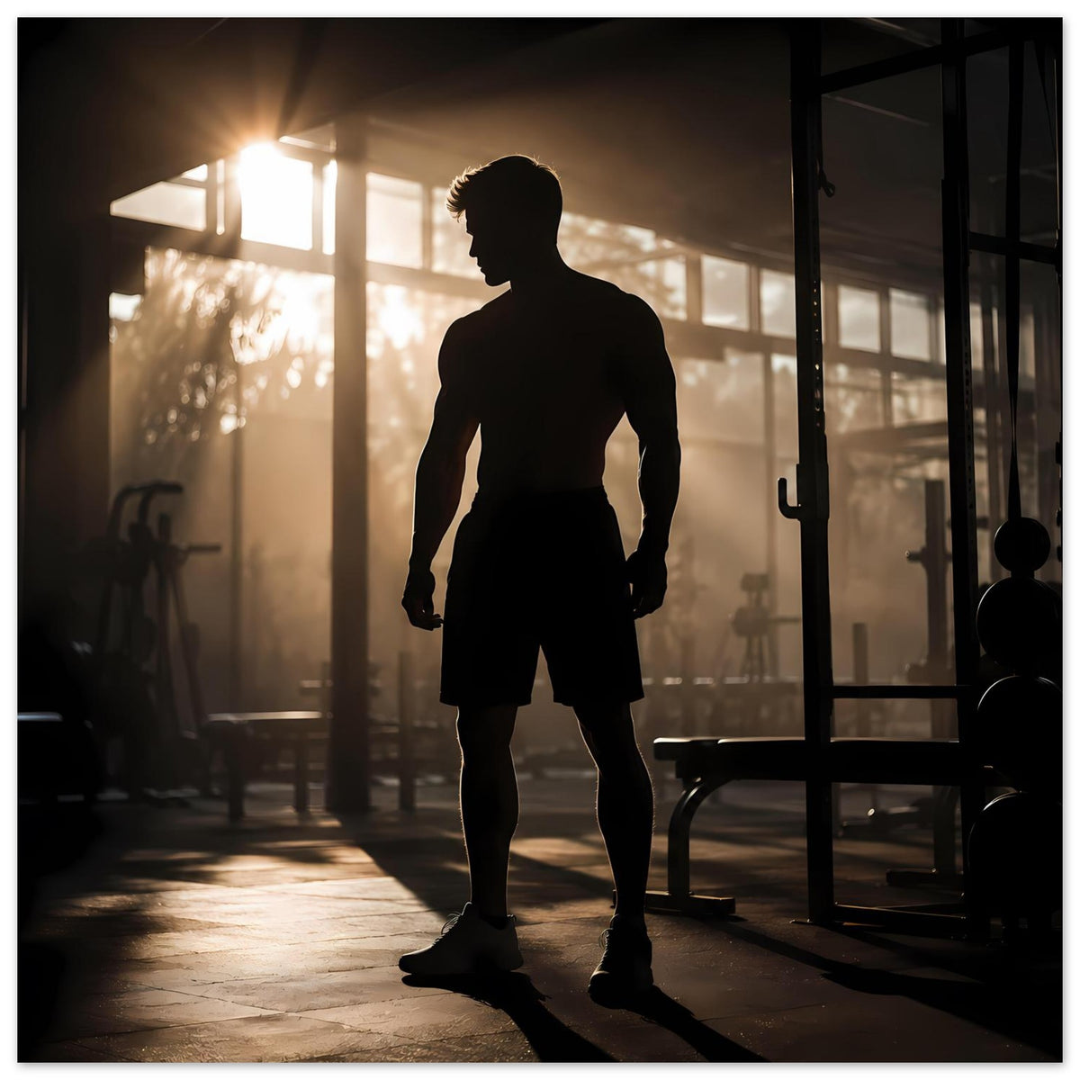 Fitness-Poster: Silhouette eines Sportlers in Shorts und Laufschuhen, schreitende Pose