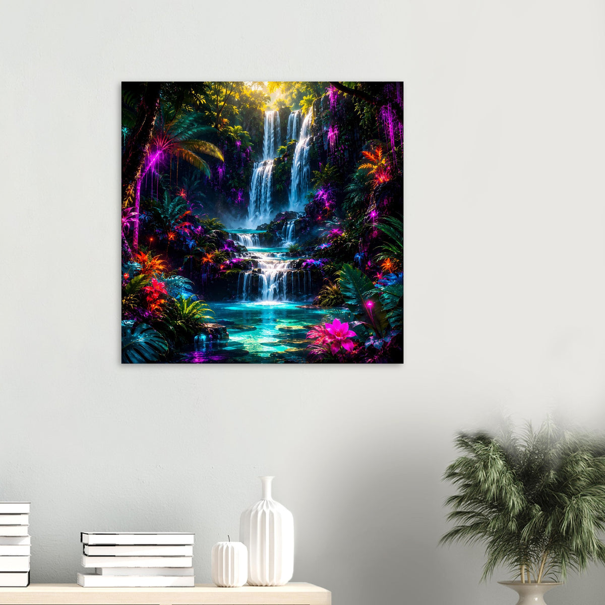 Tropischer Wasserfall-Poster mit leuchtenden Farben, im Rahmen, quadratisch