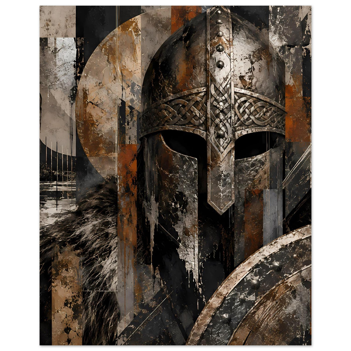 Art Poster mit Wikingerhelm und Runenornament, Rundschild rechts, rauer Stein-Look