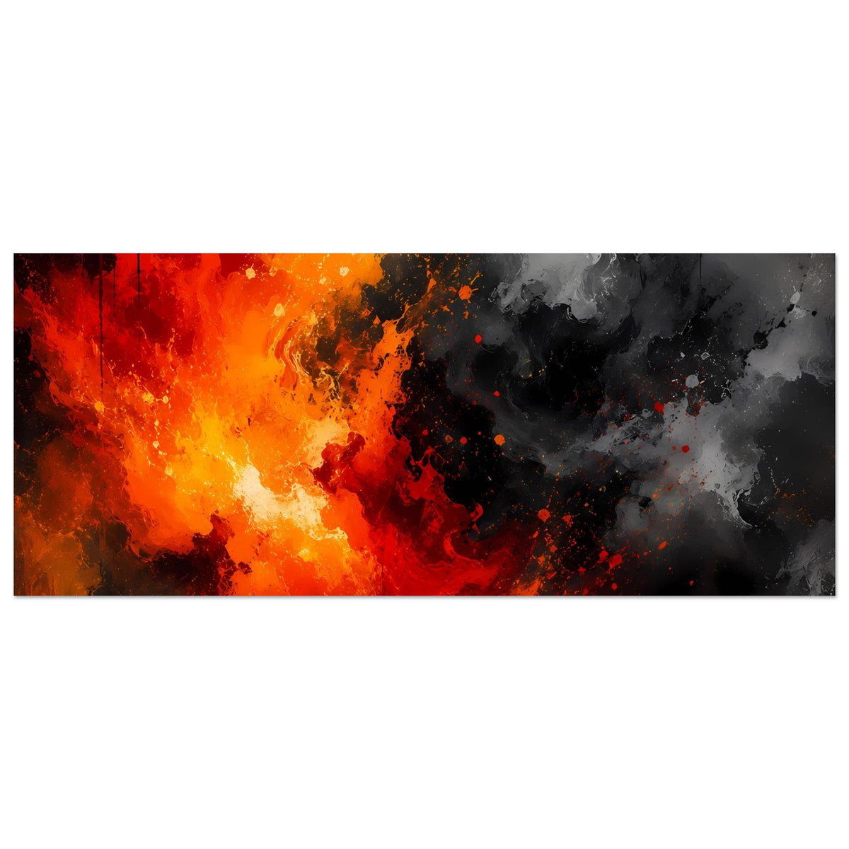 Abstraktes Poster Feuer- und Rauchmotiv, langes Querformat, orange Flammen links, dunkler Rauch rechts
