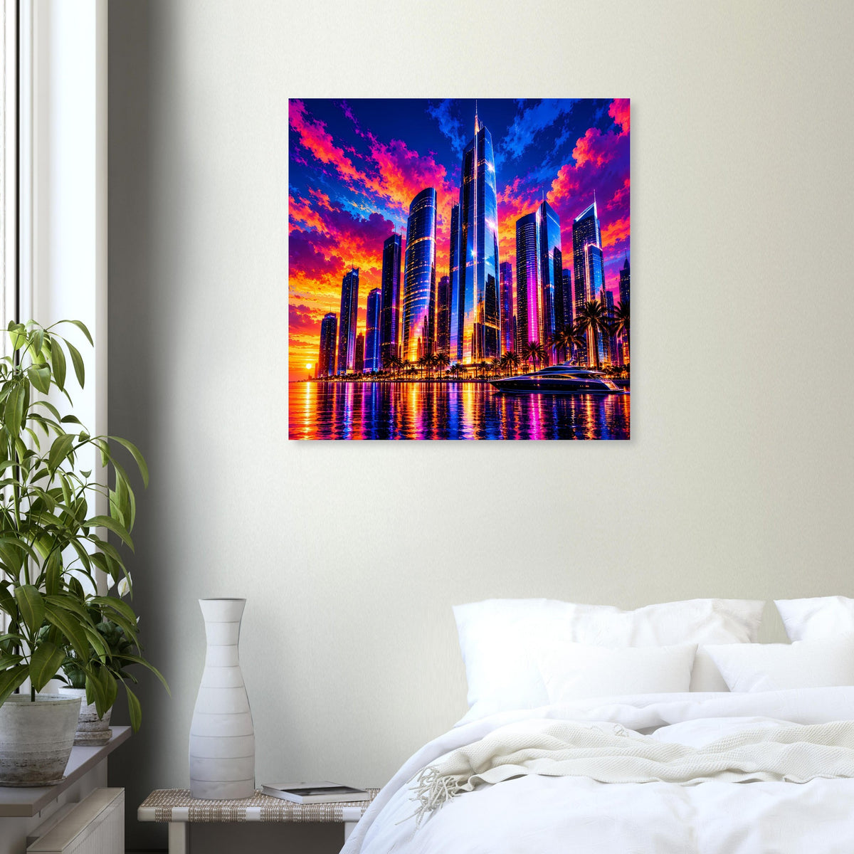 Gerahmtes Poster mit Großstadt-Skyline im Sonnenuntergang an weißer Wand im Schlafzimmer