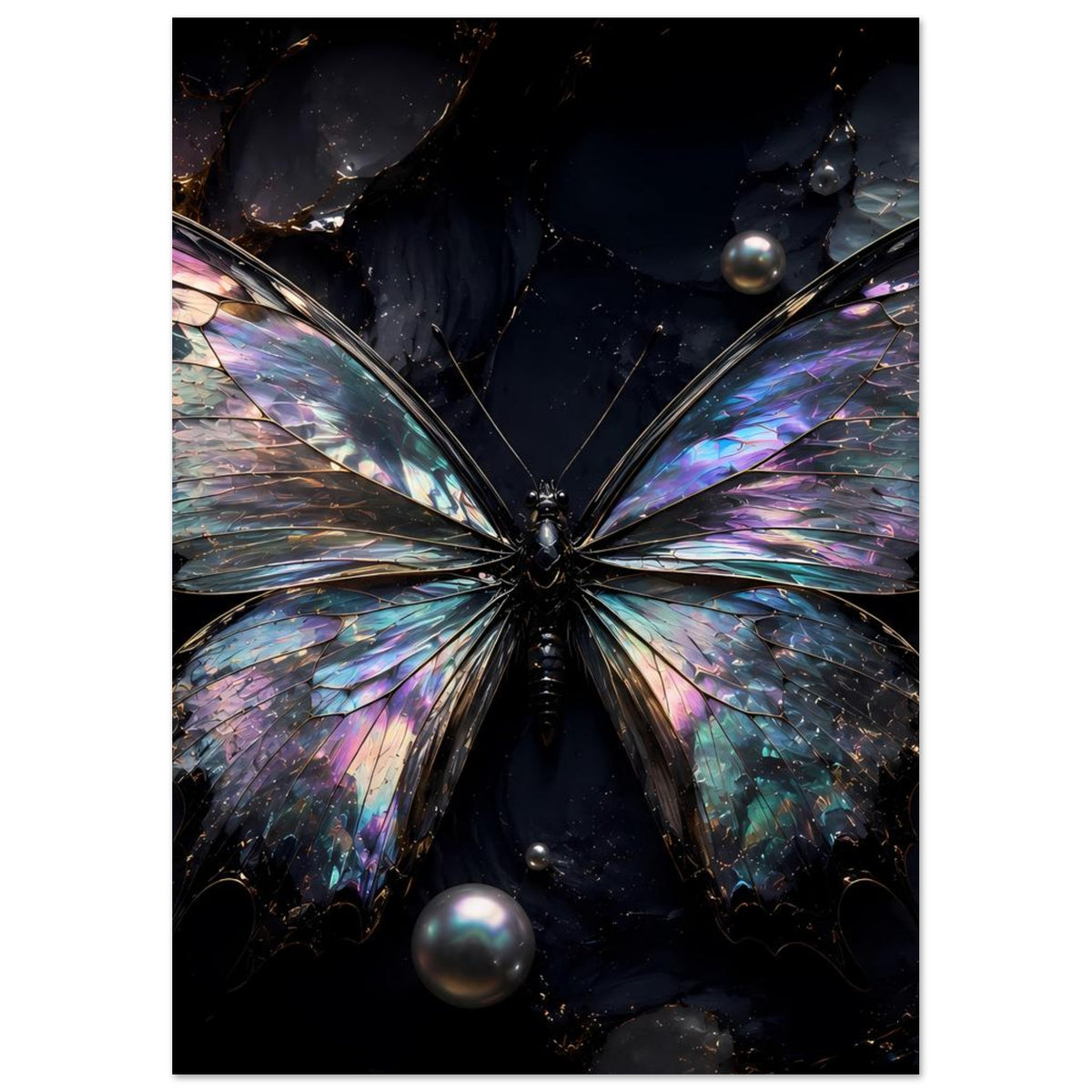 Schmetterling-Poster mit schillernden Flügeln und dunklem Hintergrund, mittig platziert