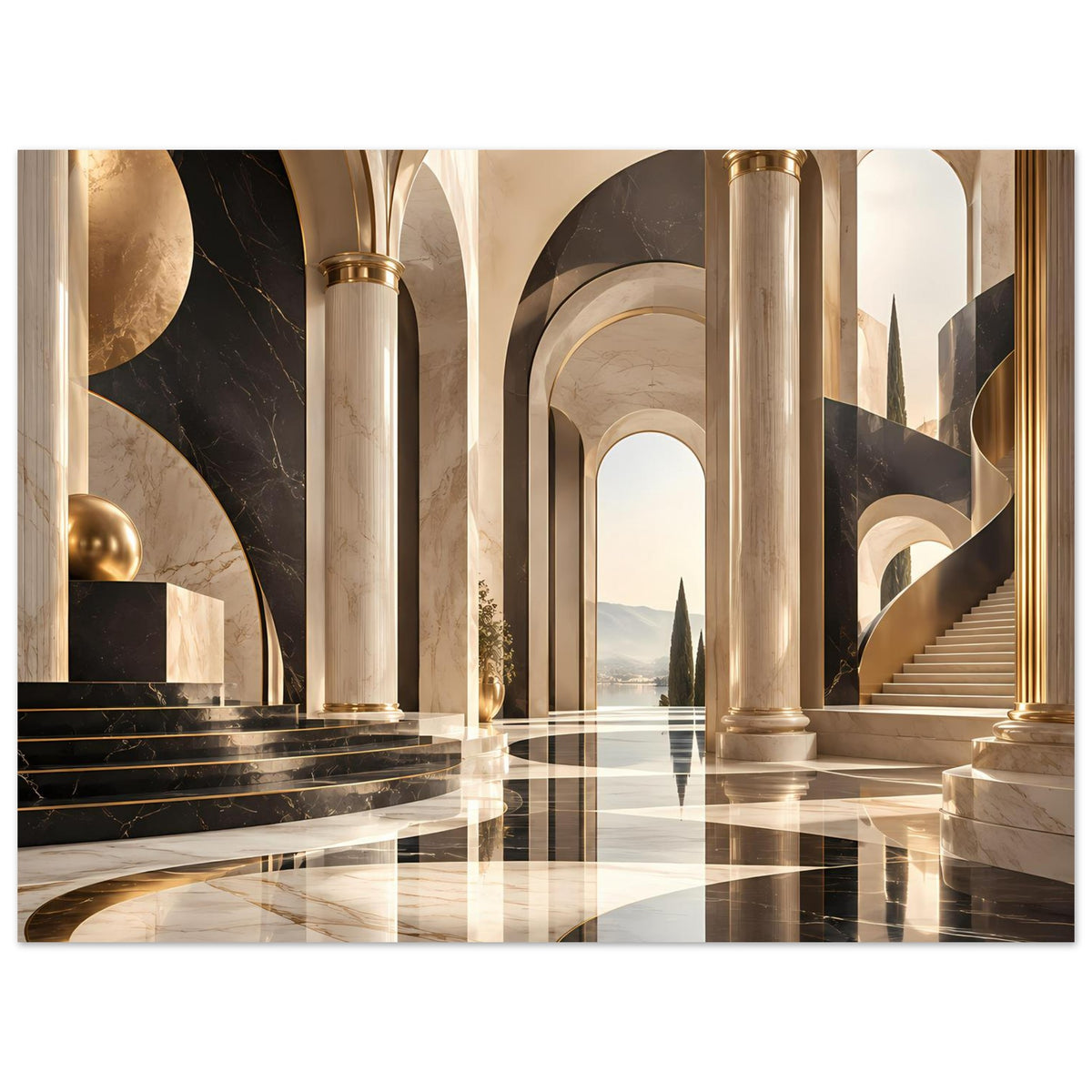Architekturposter im Querformat: goldene Säulen, Arkaden, glänzender schwarzer Marmorboden