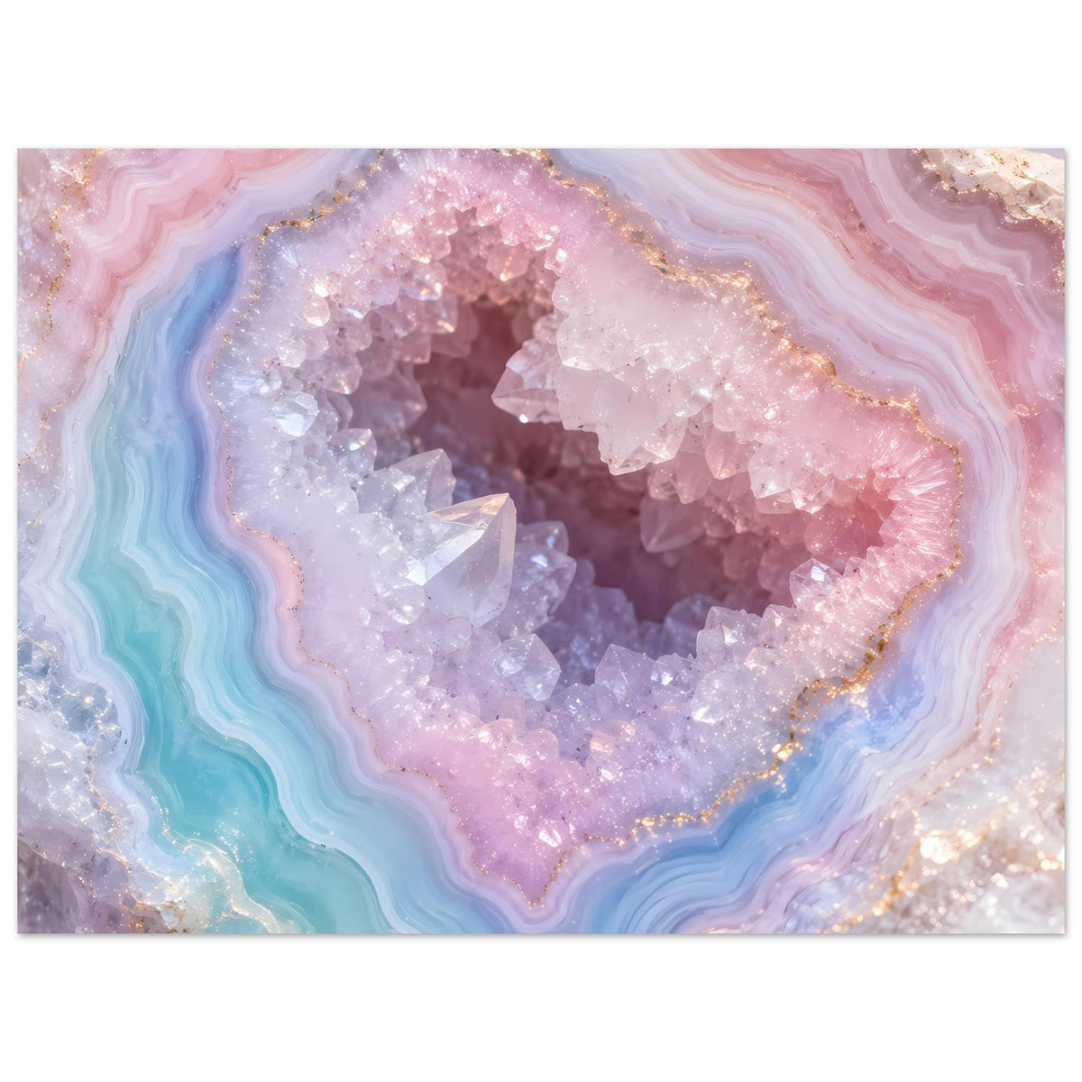 Poster mit violettem Kristallzentrum und rosa-türkisen Schichtadern, goldener Kontur