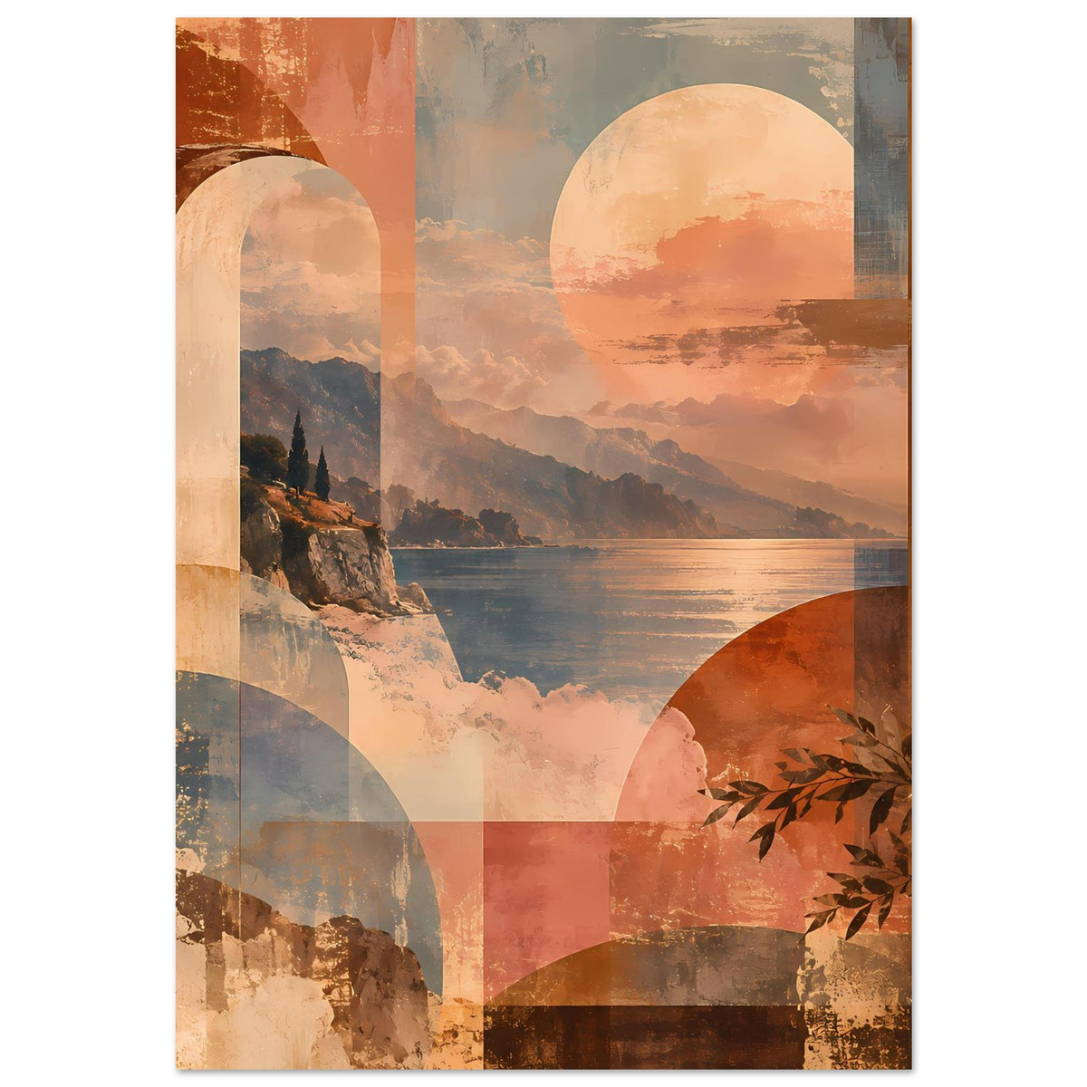 Abstraktes Küstenposter mit Sonnenkreis, ruhigem Meer, Berglandschaft, Bögen und Blättern