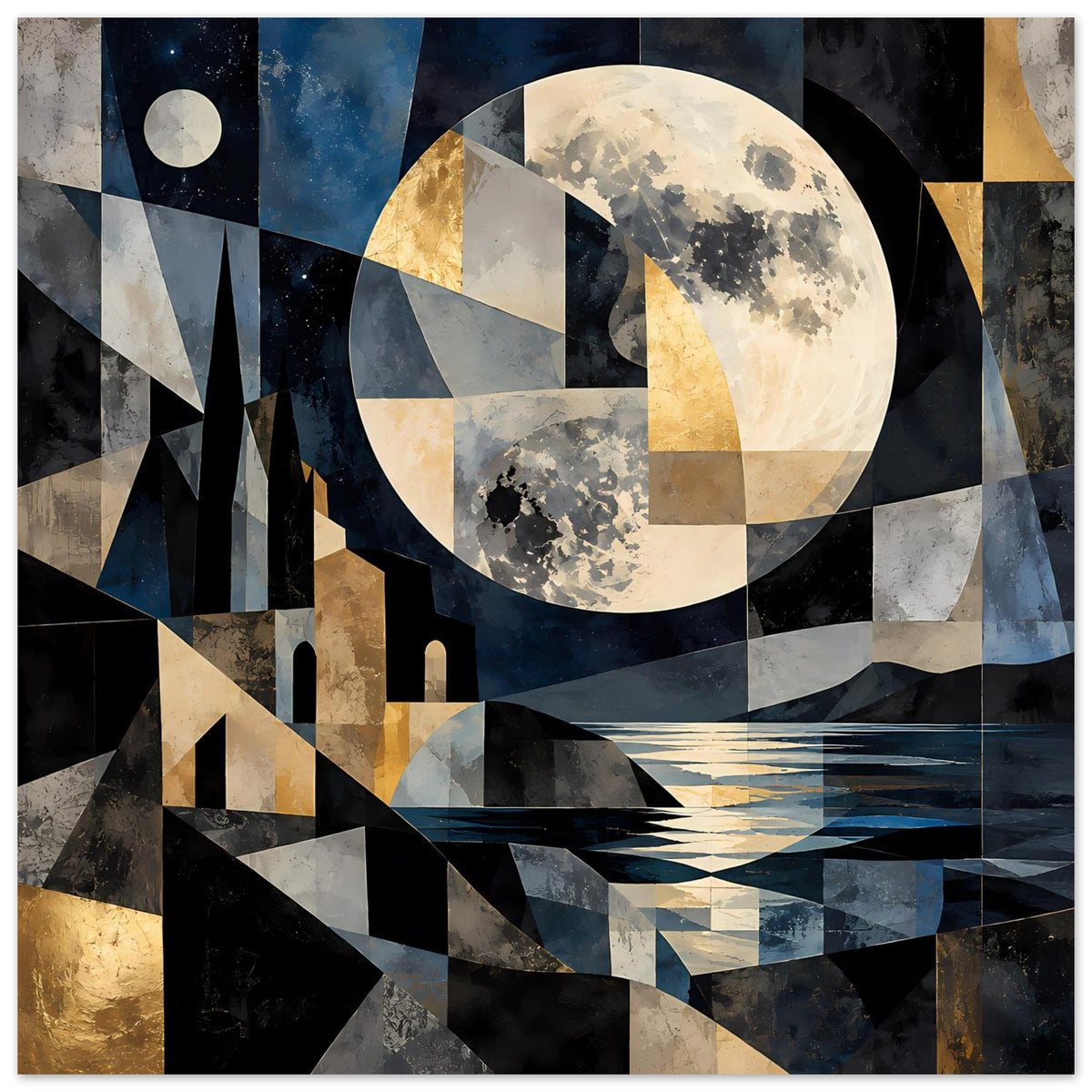 Poster mit geometrischer Mondlandschaft: großer Mond, Häuser, Wasser und Gold-Akzente im Blau