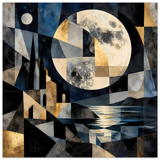 Poster mit geometrischer Mondlandschaft: großer Mond, Häuser, Wasser und Gold-Akzente im Blau