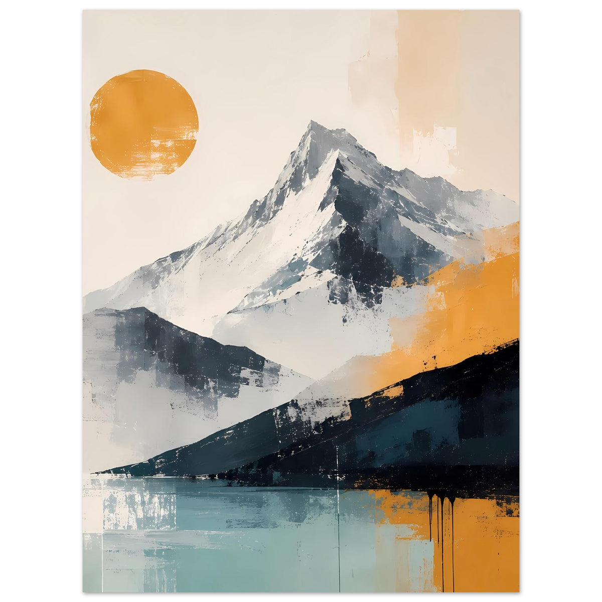 Abstrakter Berglandschaftsdruck mit Sonne, kalten Bergen und warmen Orange-/Blau-Tönen, vertikal
