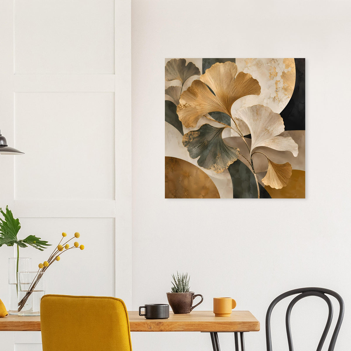 Quadratisches Ginkgo-Poster in goldenen, beigen und braunen Erdtönen