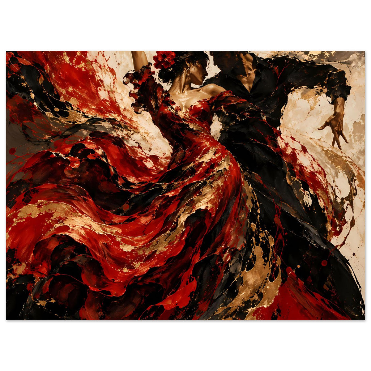 Horizontales Poster mit Flamenco-Motiv, roter Rock, schwarzer Hintergrund, goldene Sprenkel