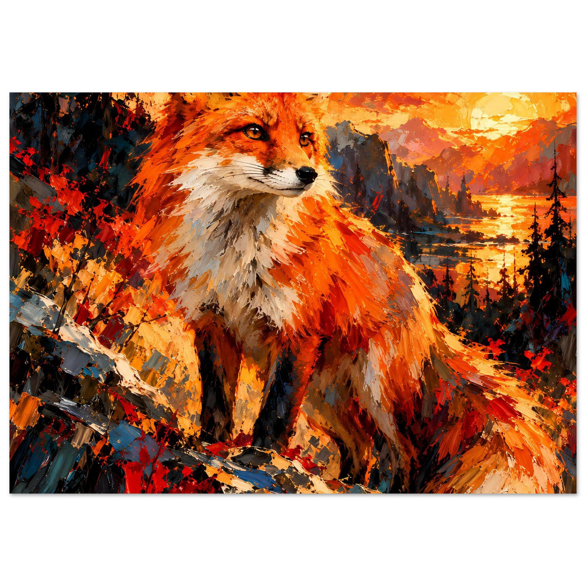 Horizontales Poster mit Fuchs-Porträt in leuchtenden Orange- und Rottönen, Pinselkunst