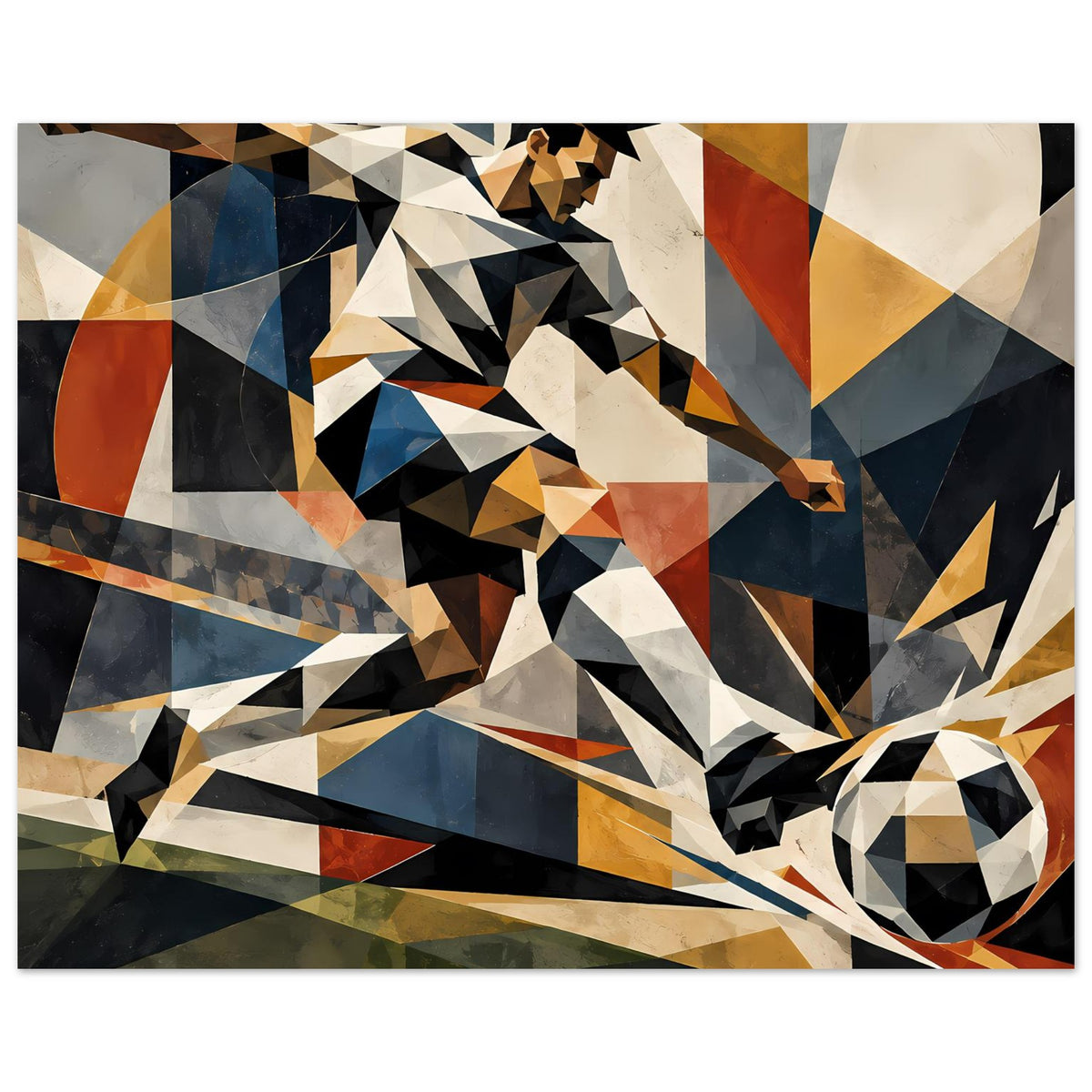 Poster: geometrischer Fußballspieler in abstrakter Collage, mehrfarbiges Design mit Ball