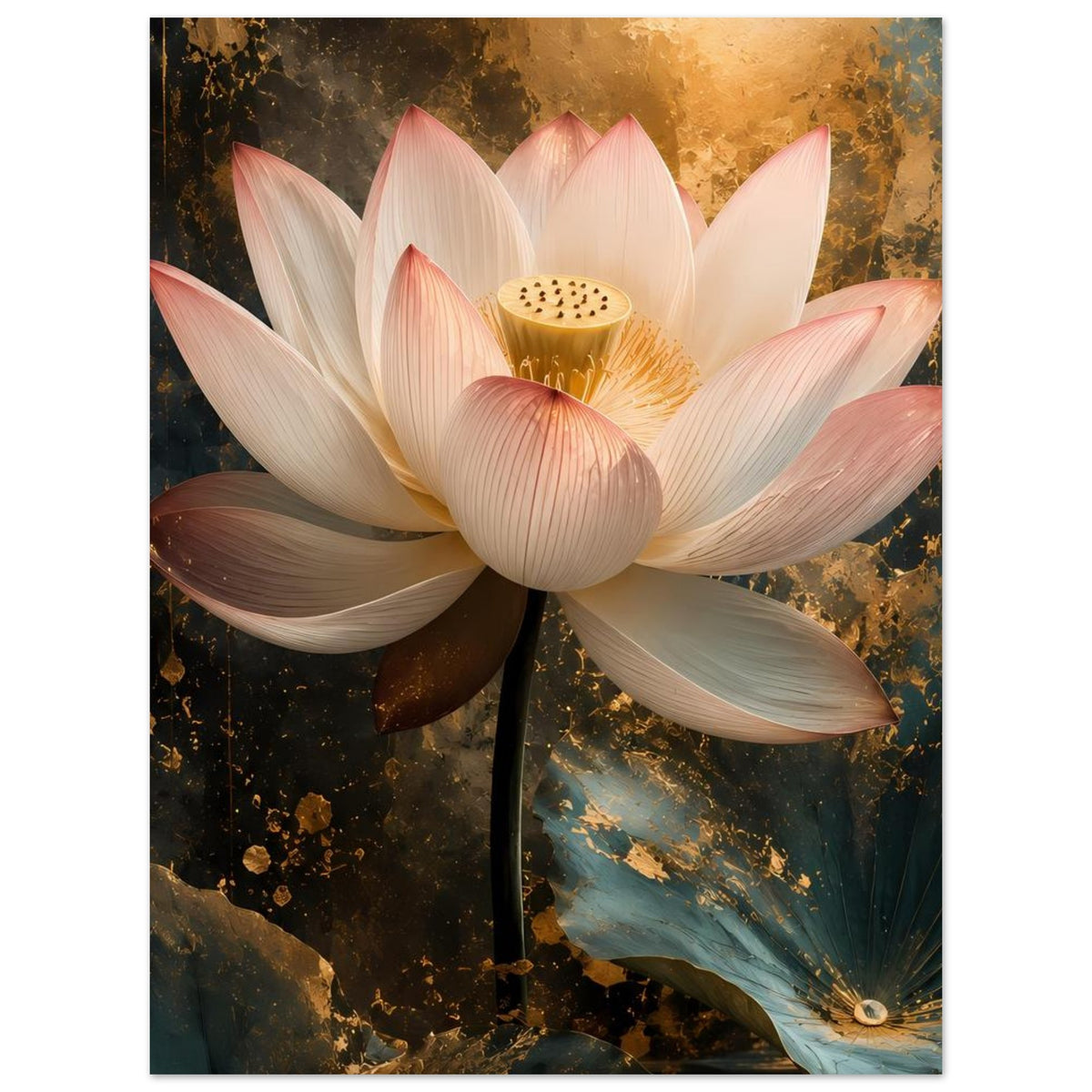 Poster mit weißer Lotusblüte und goldener Blütenmitte, rosa Akzenten, gerahmt.