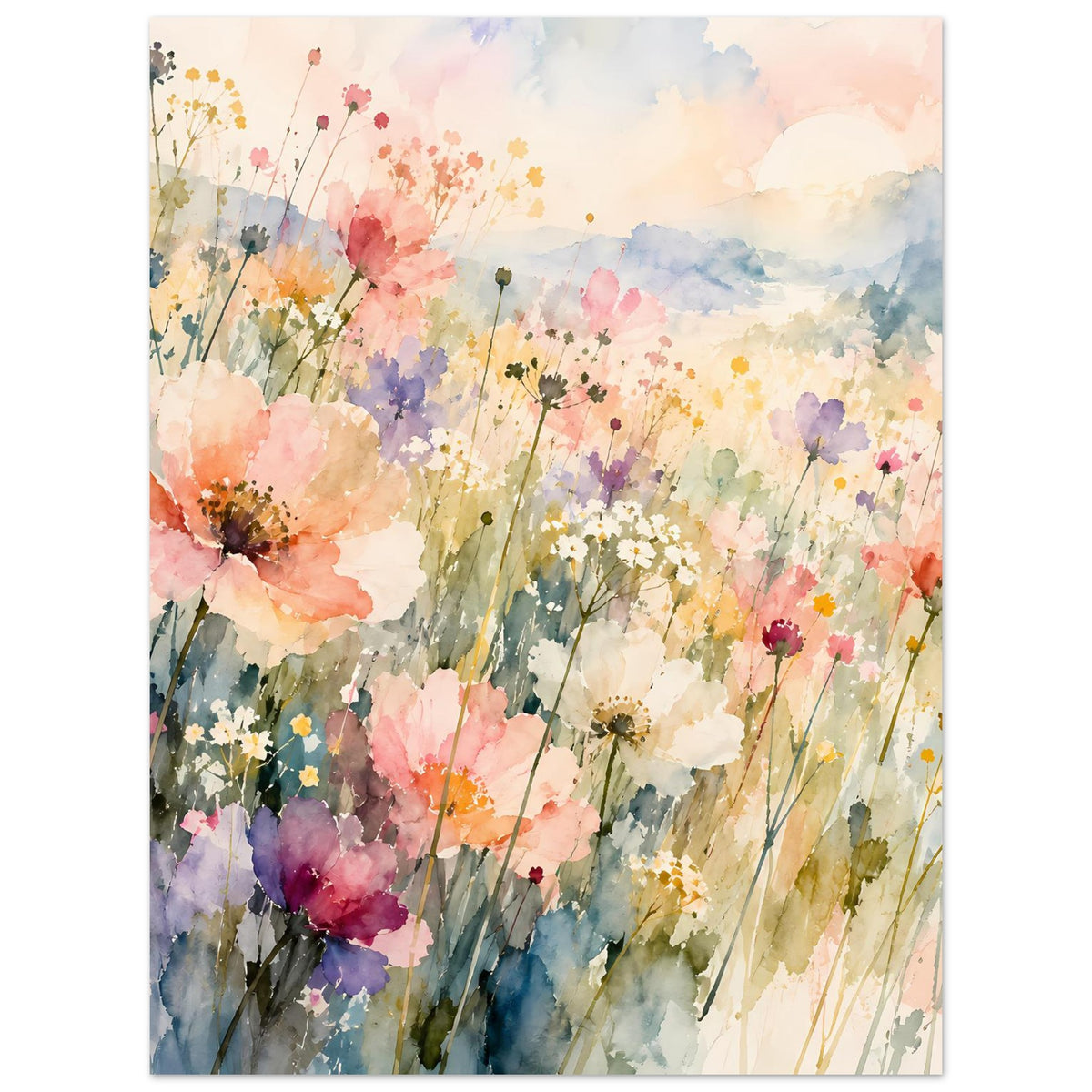 Aquarell-Poster mit Wildblumenwiese, Pastellfarbene Blütenbögen und zarte Sprenkel