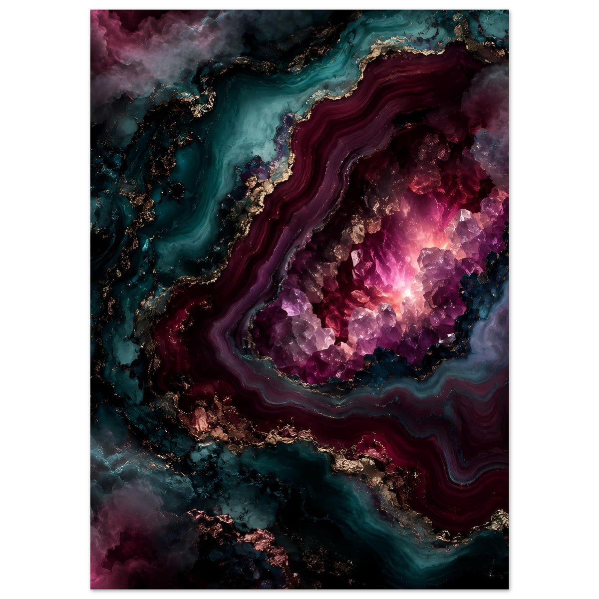 Poster im Hochformat: Amethyst-Geode mit violettem Glühen, türkisfarbenem Gesteinsband und Gold