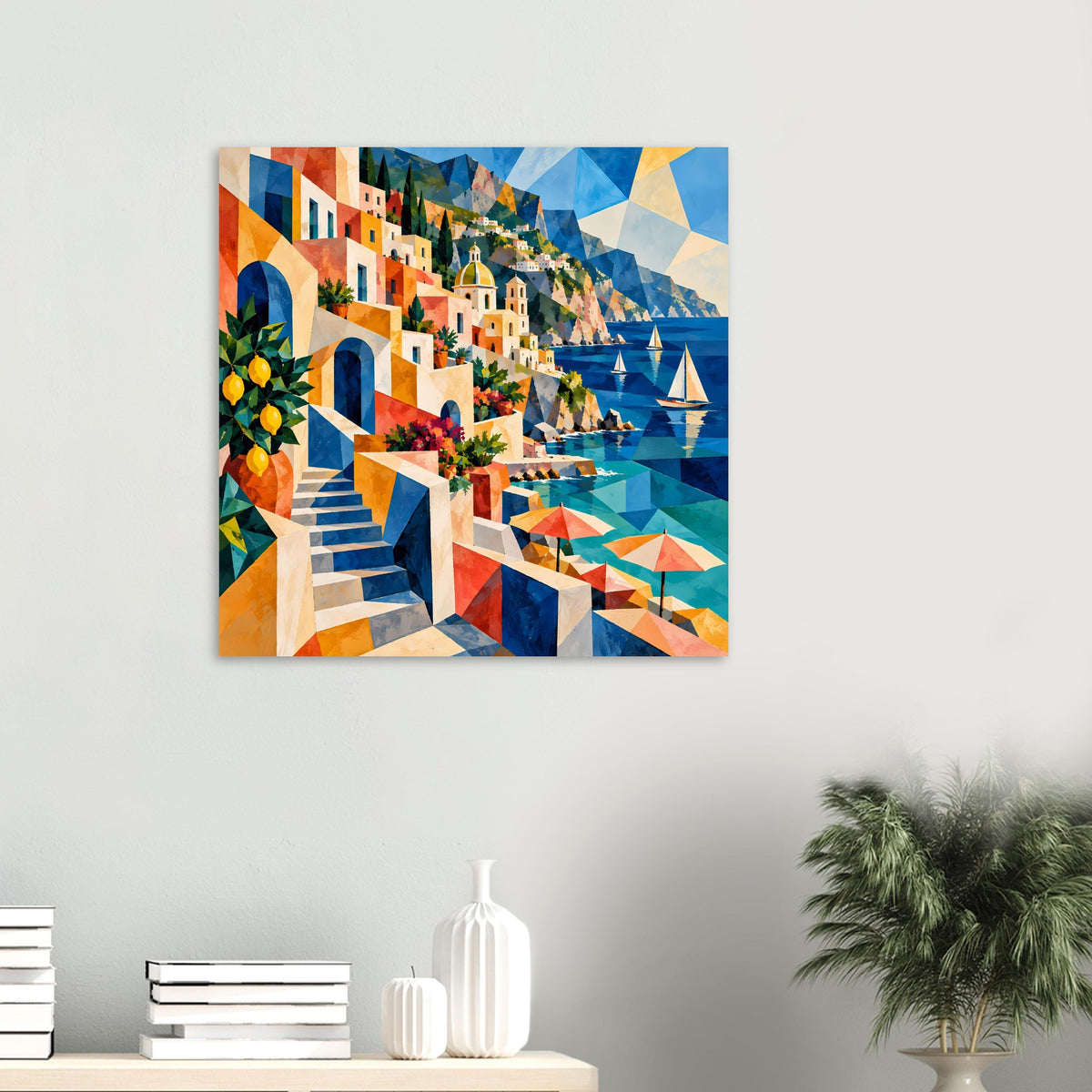 Kunstposter mit Küste und Hafen: bunte Häuser, Meer, Segelboote und Sonnenschirme