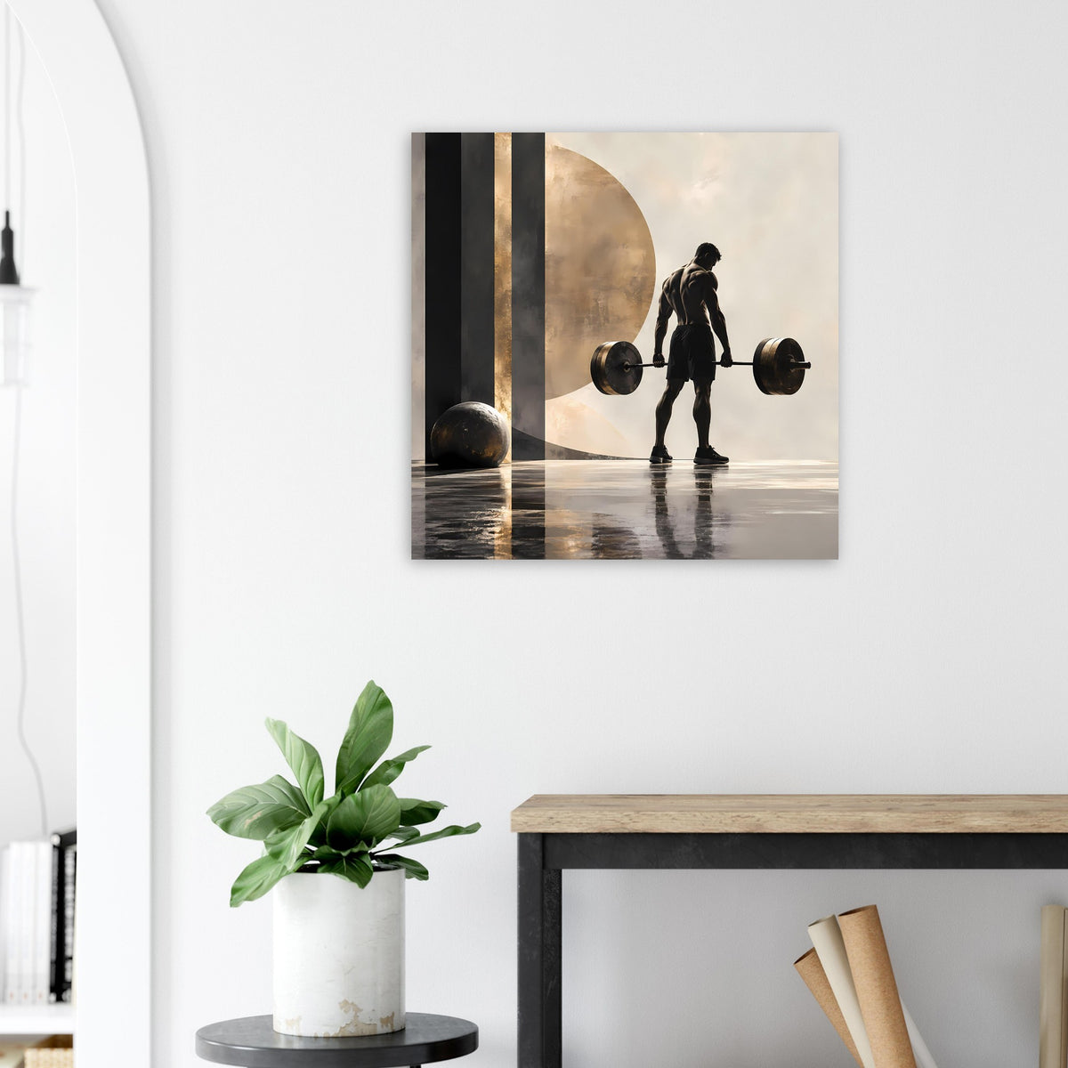 Krafttraining-Poster im Querformat mit Silhouette beim Hantelheben vor goldenem Halbkreis