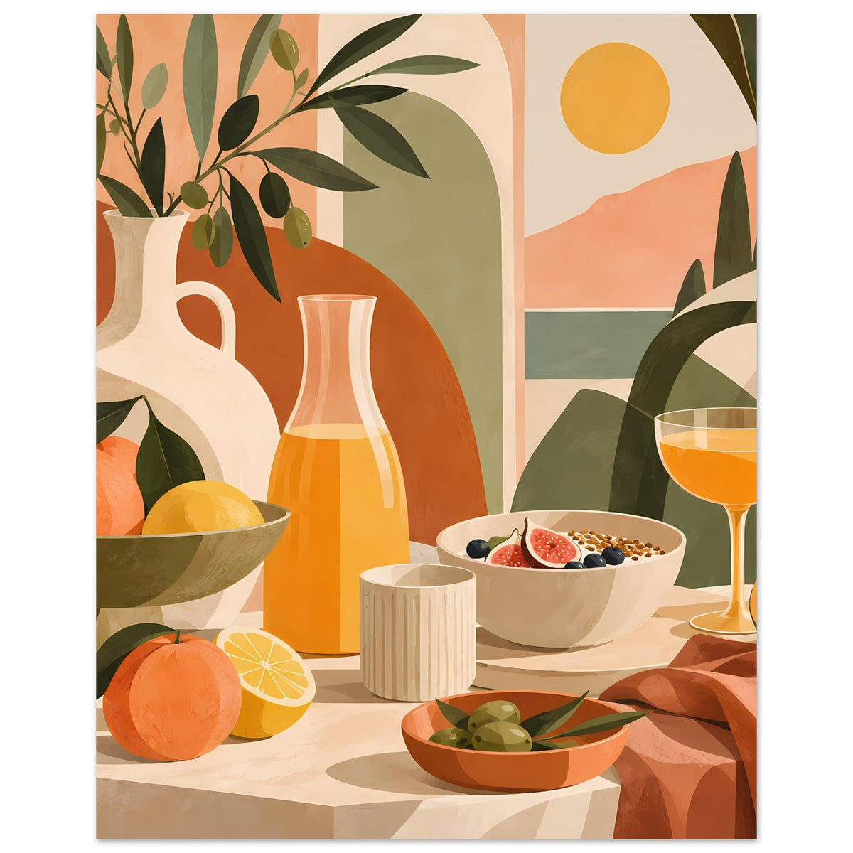 Still-Life-Poster mit orangefarbener Vase, Obst und Schüssel mit Beeren im Vordergrund