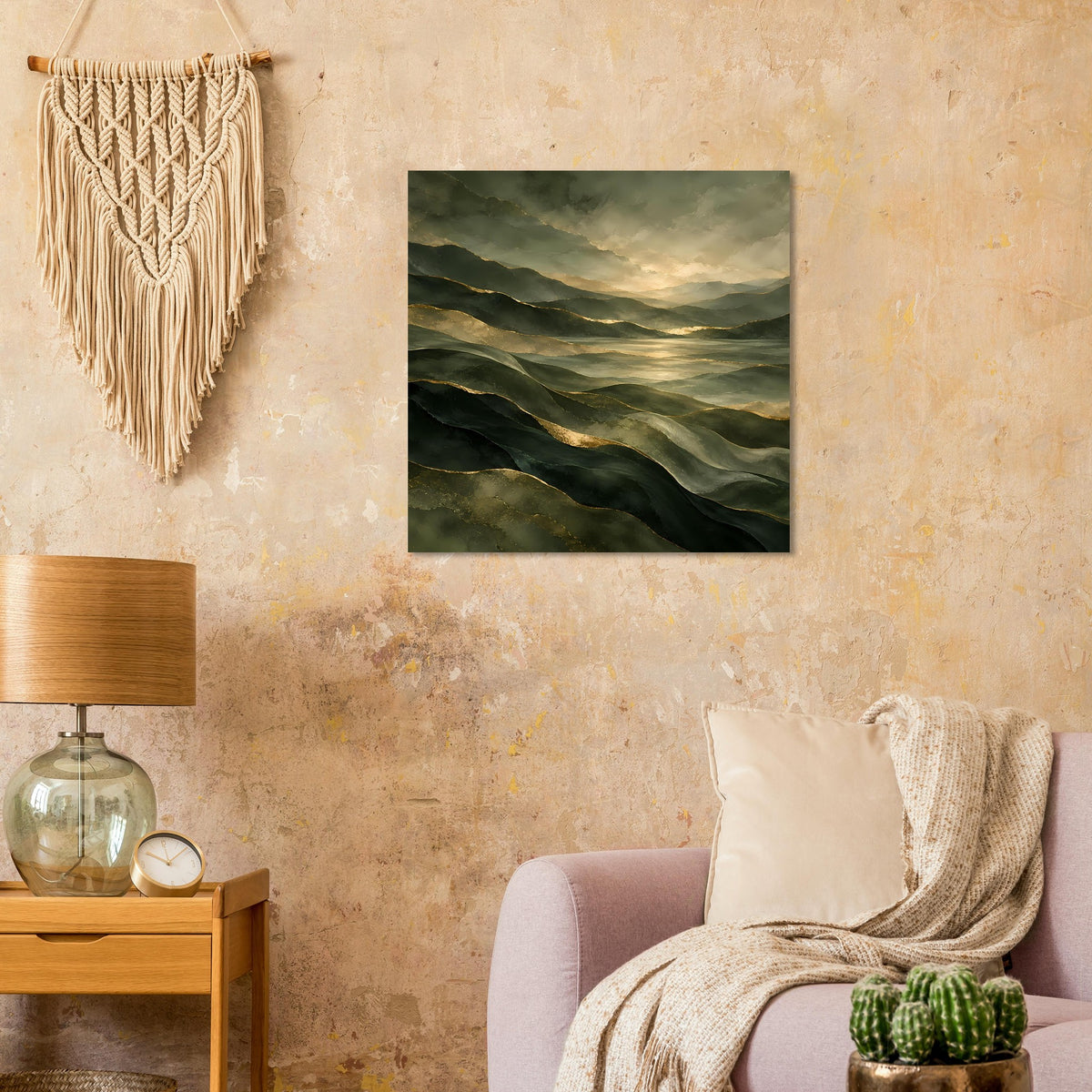 Landschafts-Poster mit grünen Wellenbergen und goldenem Sonnenaufgang, quadratisch