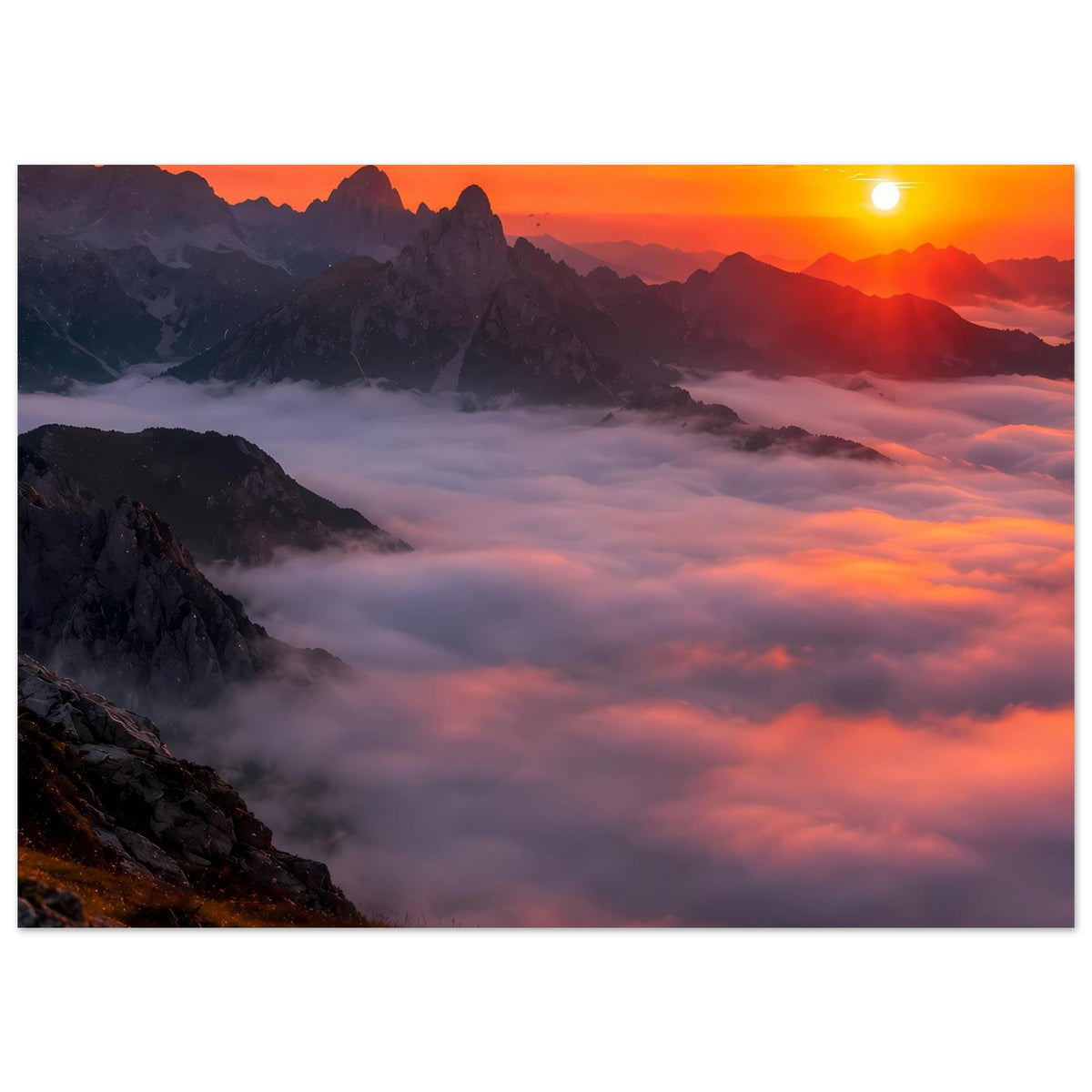 Horizontales Poster mit Sonnenuntergang über Bergen und dichtem Wolkenmeer.