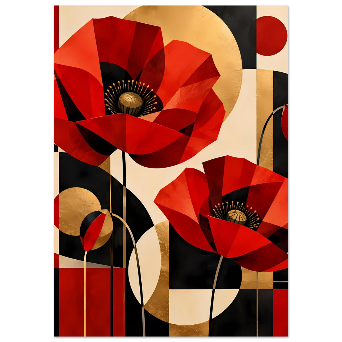 Kunstposter mit geometrischen roten Mohnblumen, goldenen Kreisen und langen Linien