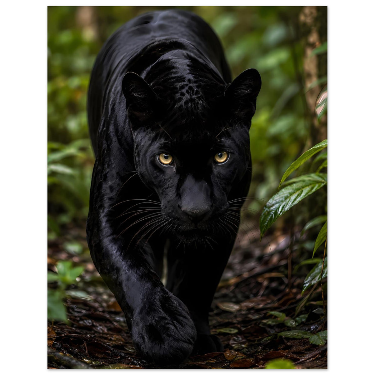 Hochformatiges Poster mit schwarzem Panther im Dschungel, ganzer Oberkörper zu sehen