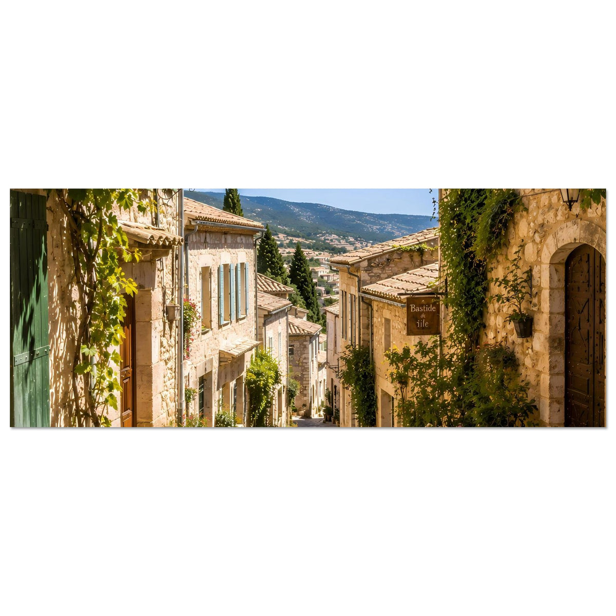 Panorama-Poster: mediterrane Gasse mit Steinhäusern, Kletterpflanzen und Laterne