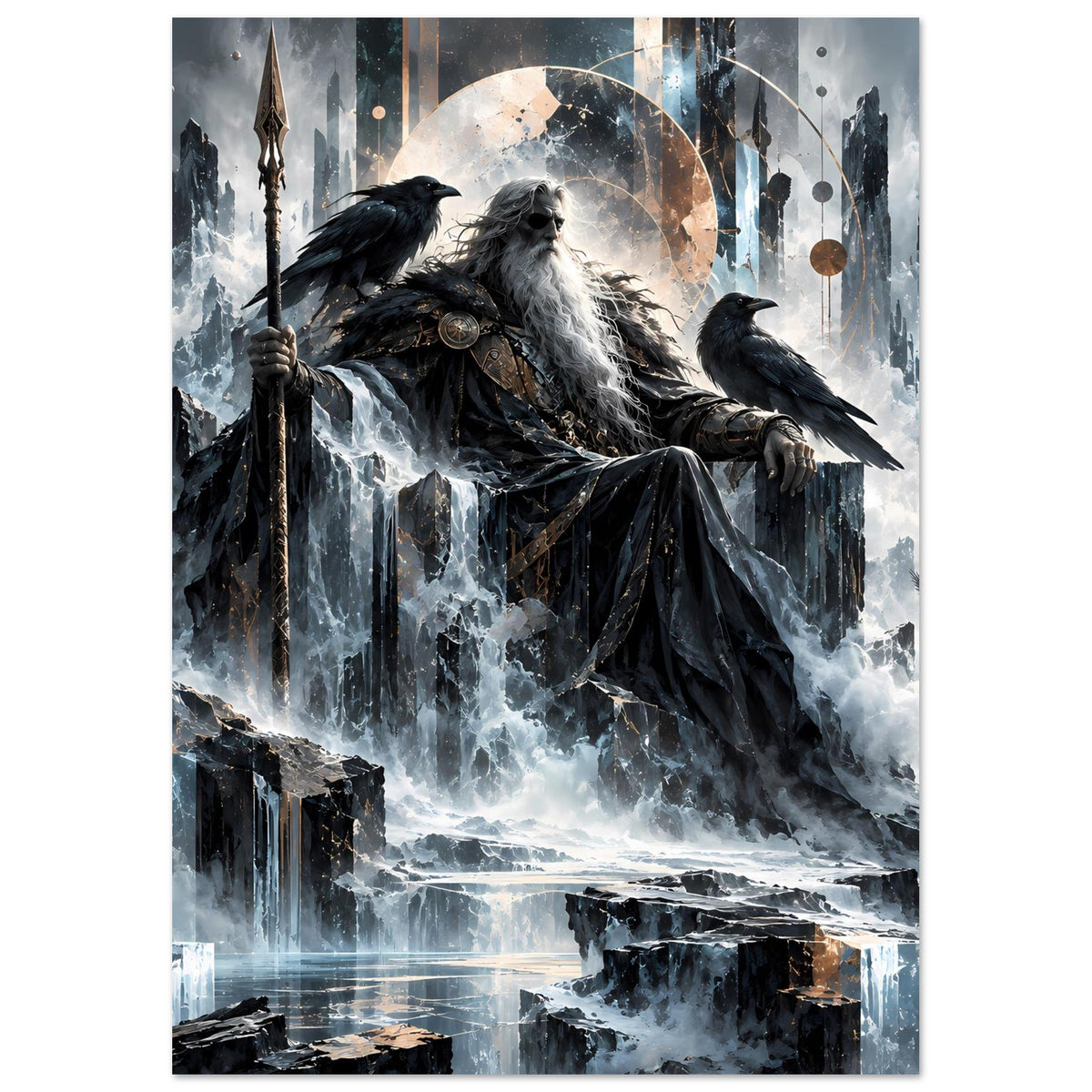 Mythologie-Poster mit Odin im dunklen Umhang und zwei Raben vor einem Regenmond