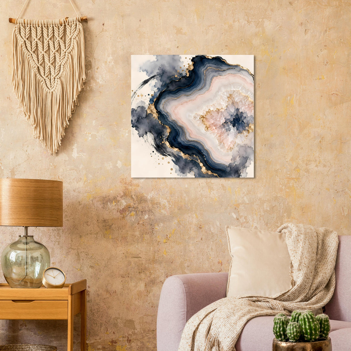 Abstraktes Geoden-Poster in Rosé, Blau und Gold, quadratisch