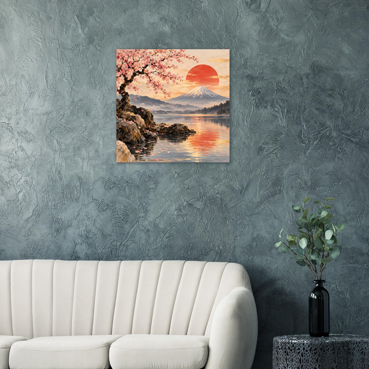 Poster mit Kirschblüten, Berg Fuji und Sonnenuntergang über See, gerahmt