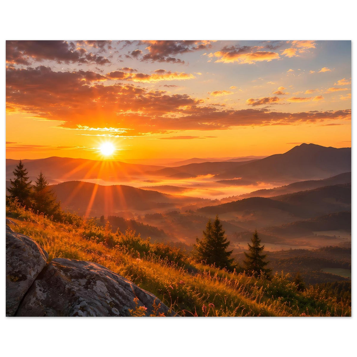 Landschaftsposter mit Sonnenuntergang, orangefarbenem Himmel und Bergnebel, gerahmt