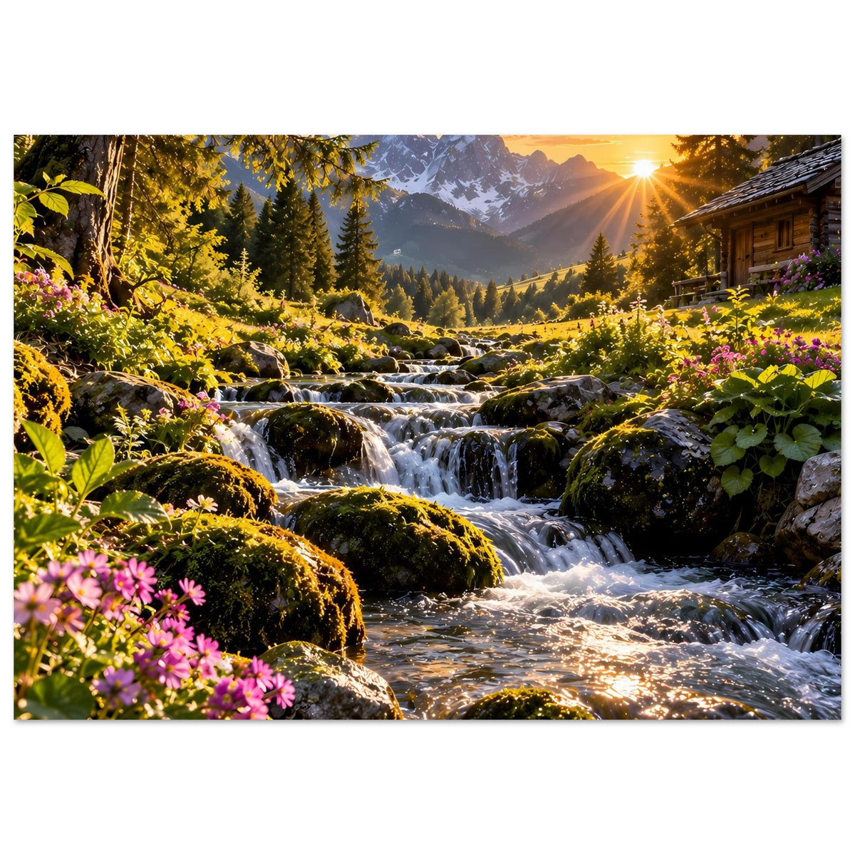 Poster im Querformat mit Wasserfall, blühenden Pflanzen, Tannenwald und warmem Himmel