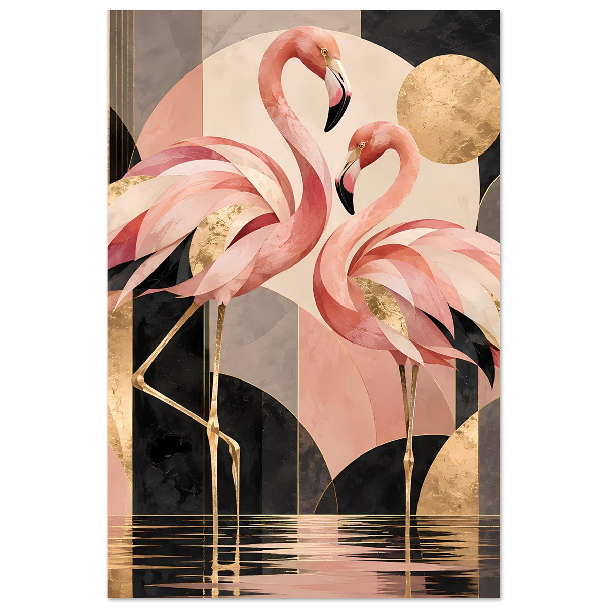 Zwei rosa Flamingos vor geometrischem Hintergrund mit Goldakzenten in Schwarz und Creme – Posteransicht 46