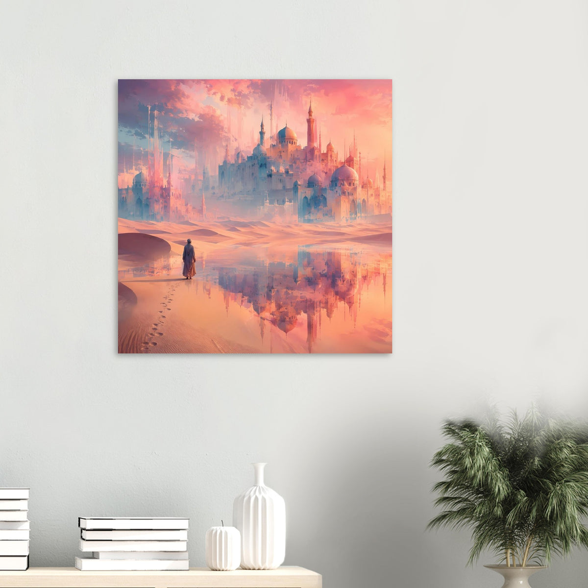 Quadratisches Poster mit orientalischer Festung, Sandwüste und Spiegelbild in rosa-blauer Abendstimmung
